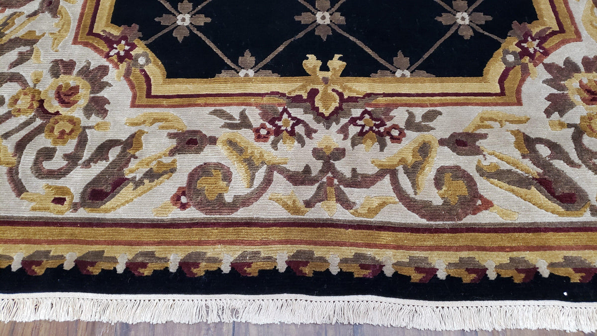 6x9 Nepalese Rug, Aubusson Savonnerie Area Rug 6 x 9 with Soft Pile, Hand-Knotted Wool Black & Beige Tibetan New Carpet European Design