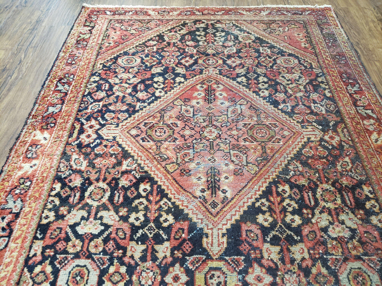 Antique Persian Mahal Area Rug 4.4 x 6.6, Wool Hand-Knotted Shabby Chic Oriental Rug, Red Black 1930s Foyer Room Carpet, Low Pile Boho Rug - Nuvé