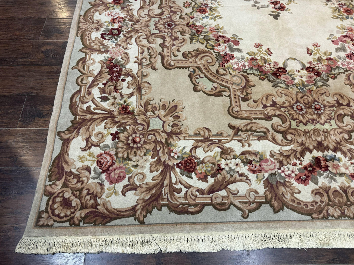 Aubusson Rug 8x12, European French Savonnerie Design, Thick Wool Pile, Elegant Rug, Cream Beige Light Green - Nuvé