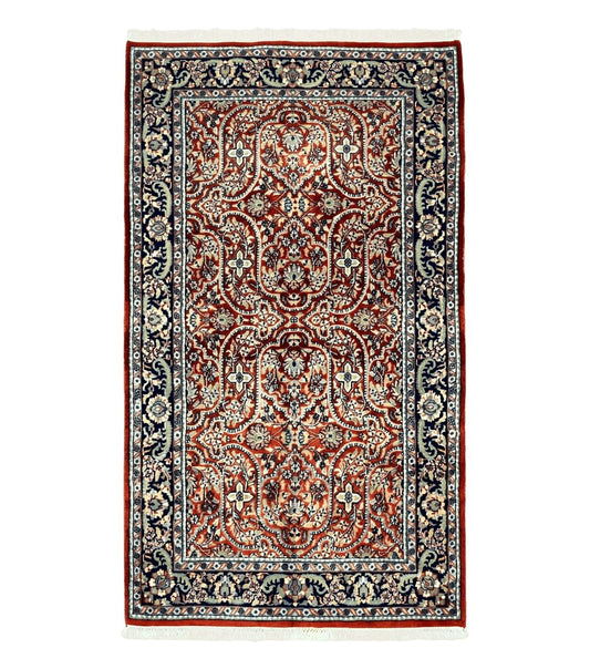Indo Persian Rug 4x7, Allover Floral Oriental Carpet, Red and Navy Blue, Hand Knotted Indian Kashmiri Traditional Vintage Area Rug 4 x 7 ft
