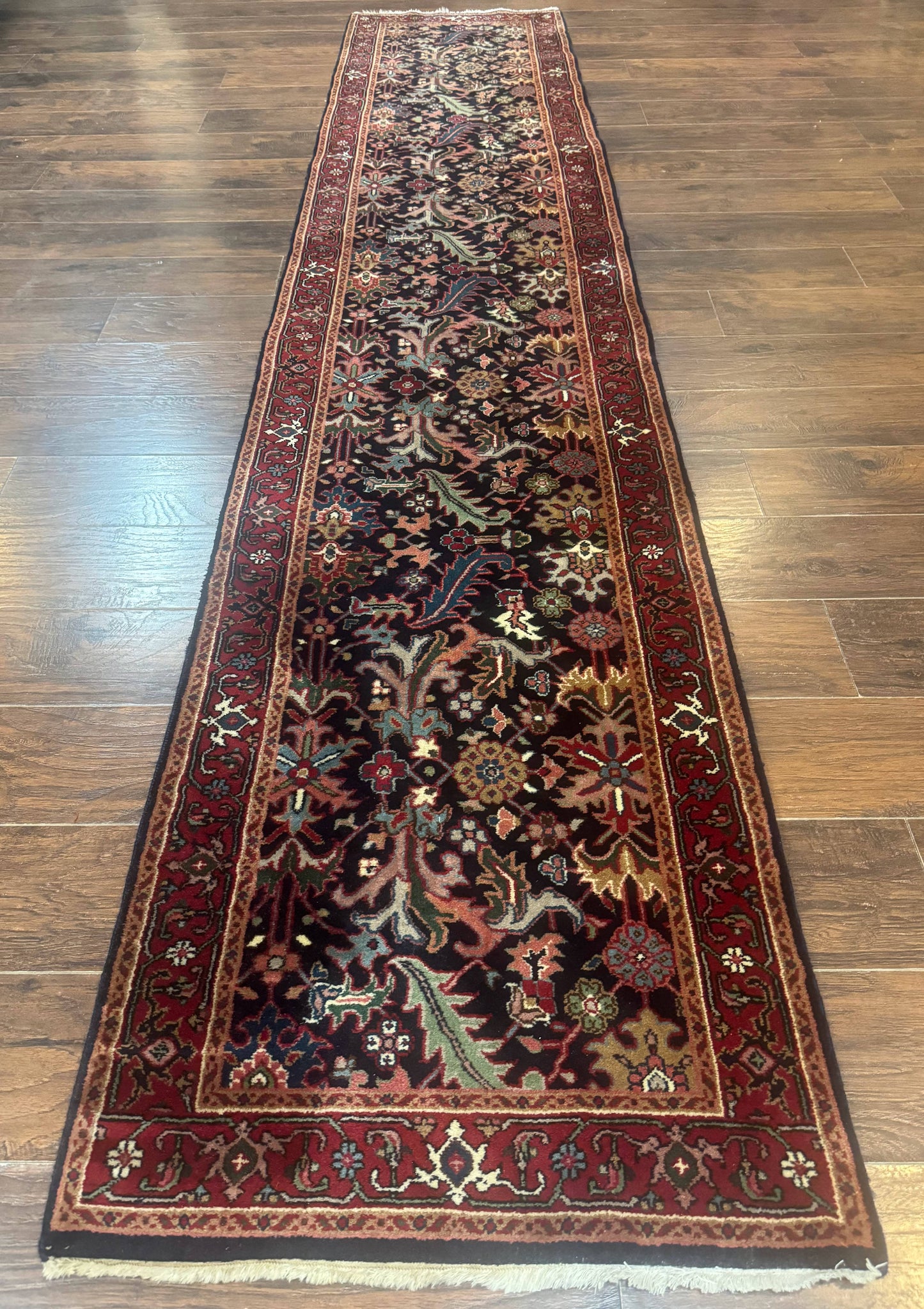 Indo Persian Runner Rug 2.7 x 13, Navy Blue and Red, Allover Floral, Wool, 13ft Runner - Nuvé