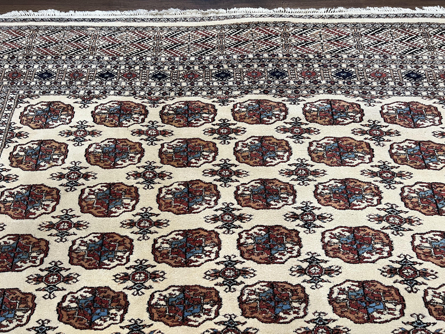 Pakistani Bokhara Rug 8x10, Traditional Turkoman Tribal Carpet, Allover Repeated Elephant Foot Motif, Ivory/Cream Black Red, Vintage Handmade - Nuvé