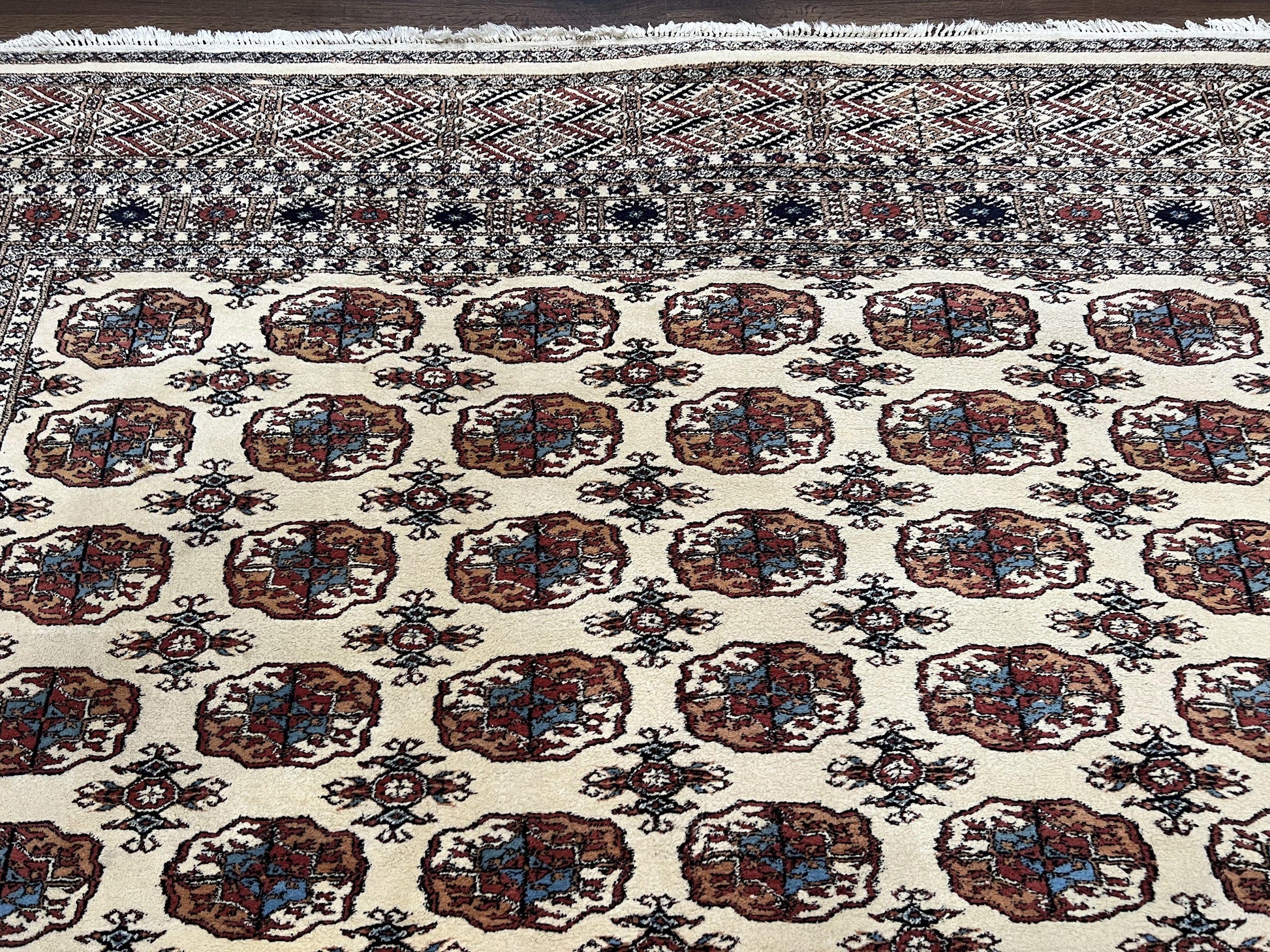 Pakistani Bokhara Rug 8x10, Traditional Turkoman Tribal Carpet, Allover Repeated Elephant Foot Motif, Ivory/Cream Black Red, Vintage Handmade - Nuvé