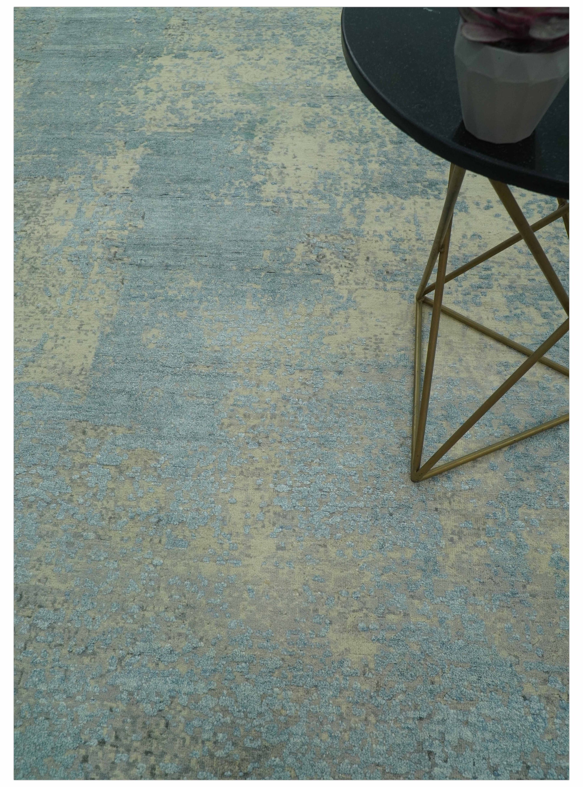 Abstract Design Blue, Beige And Gray 8x10 Hand Knotted Wool and Bamboo Silk Rug - Nuvé