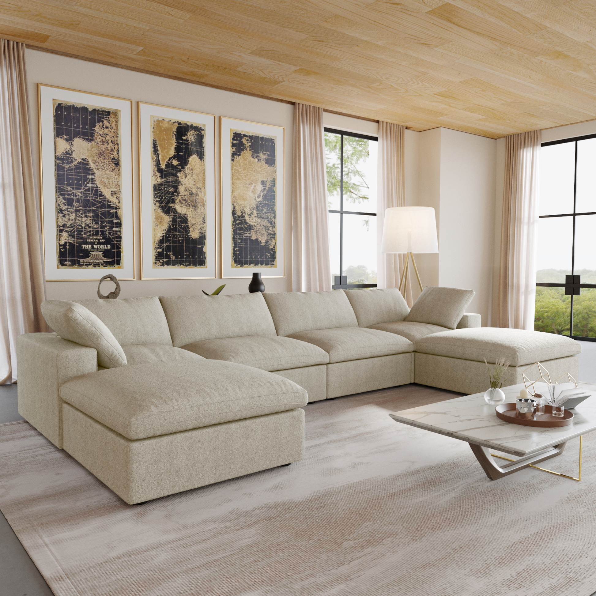 Nuvé® Solace Modular Bouclé Cloud Sofa - Khaki - 4-Seater Sectional Sofa with 2 Ottomans - Nuvé