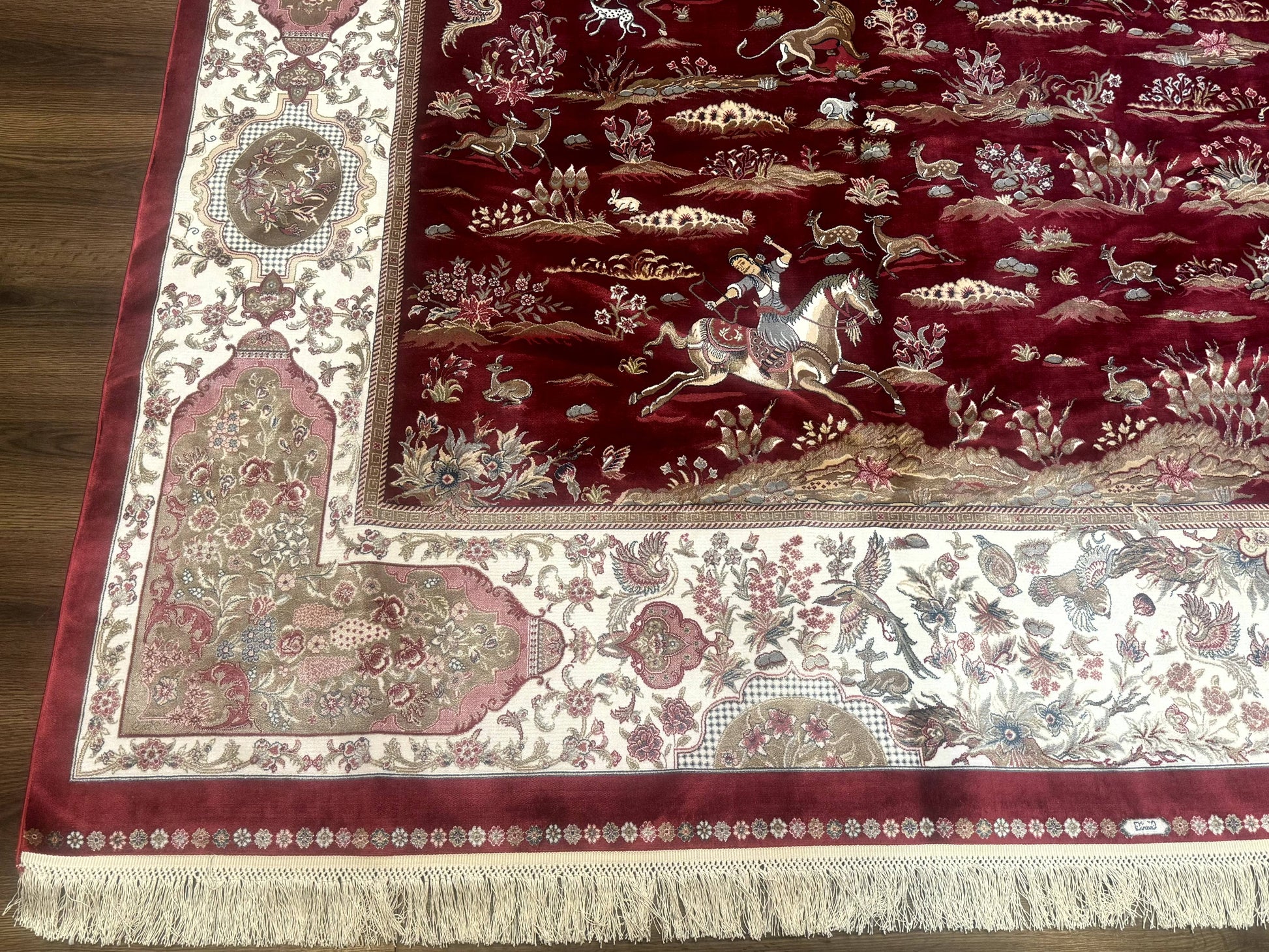 Turkish Silk Rug 8x10, Red & Ivory, Hunting Design, Bamboo Silk, New - Nuvé