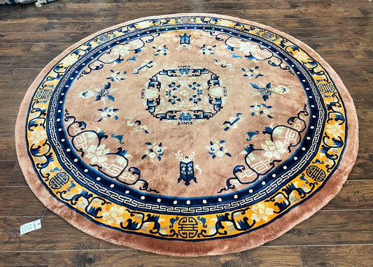 Antique Round Chinese Wool Rug 8x8, Chinese Peking Carpet, Asian Oriental Carpet 8 x 8 ft, Chinese Art Deco Rug, Nichols Rug - Nuvé