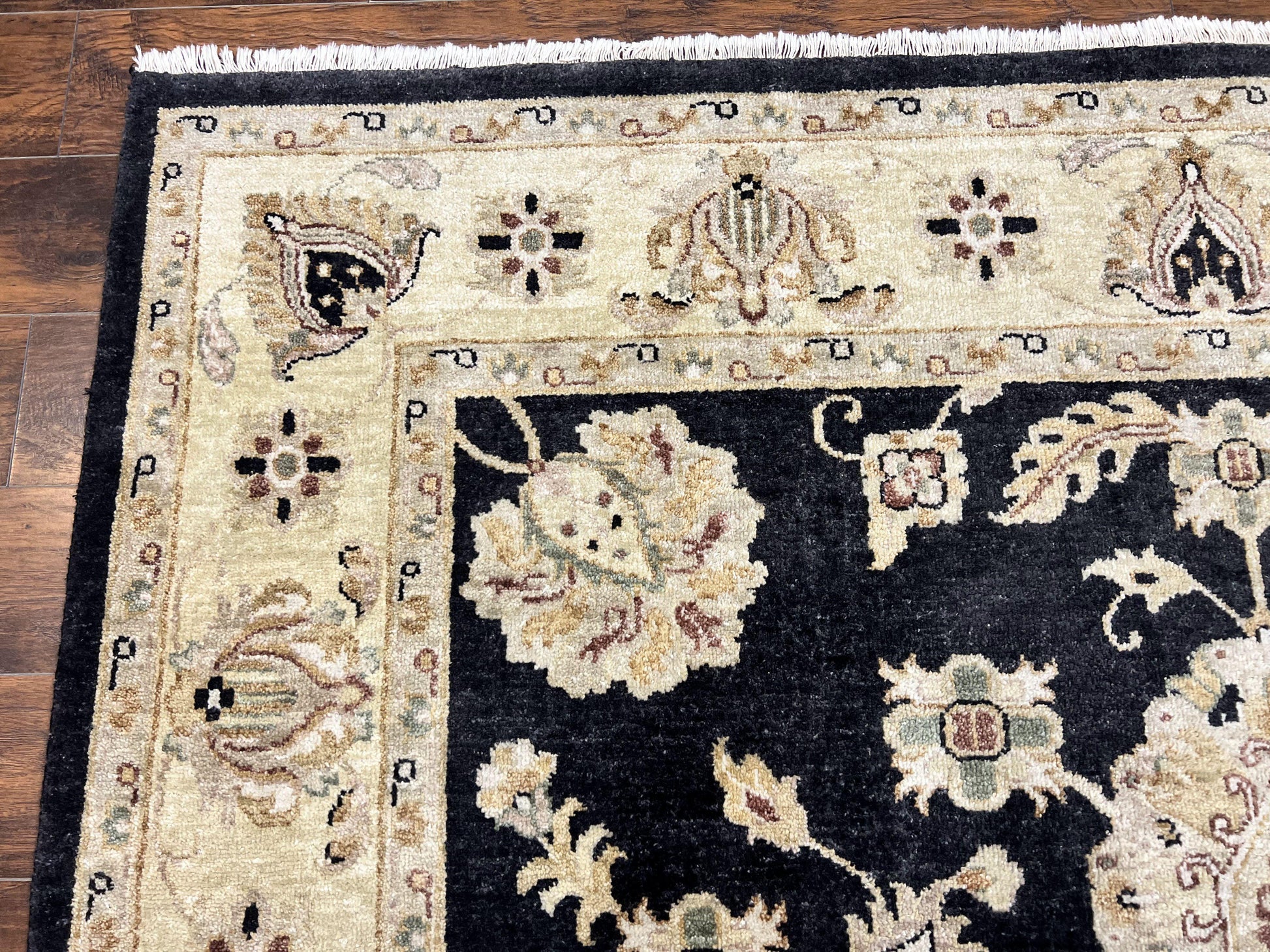 Indo Mahal Rug 8x10, Black and Beige, Vintage Rug 8 x 10 ft, Floral, Handmade Wool Carpet - Nuvé