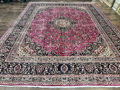Persian Rug 9' 9" x 12' 6", Wool Hand Knotted Antique Carpet, Raspberry Red & Navy Blue, Floral Medallion, Traditional Oriental Rug