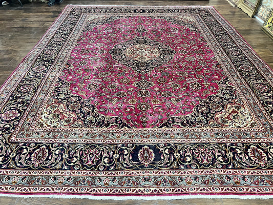 Persian Rug 9' 9" x 12' 6", Wool Hand Knotted Antique Carpet, Raspberry Red & Navy Blue, Floral Medallion, Traditional Oriental Rug