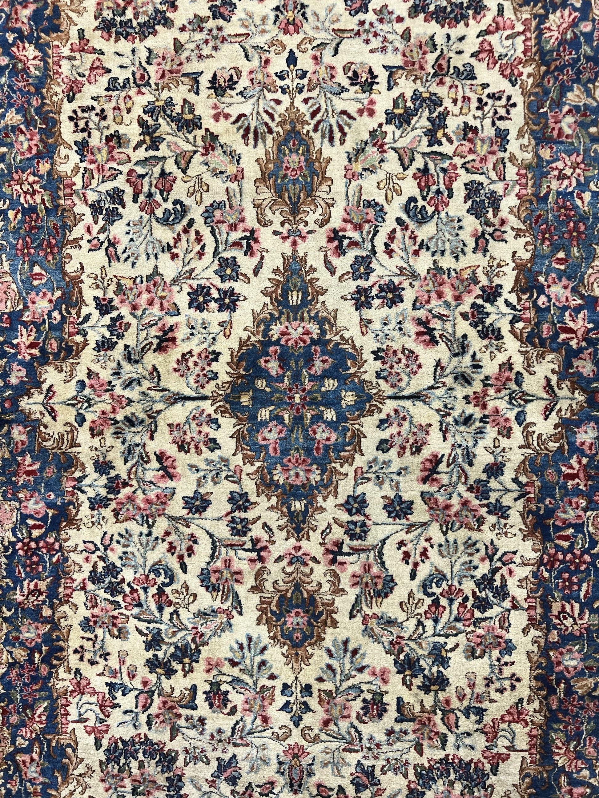 Antique Persian Kirman Rug 4x7, Cream and Navy Blue, Hand Knotted Wool Floral Carpet - Nuvé