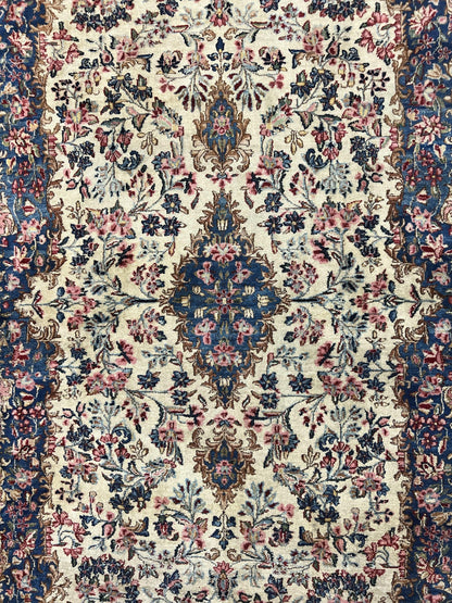 Antique Persian Kirman Rug 4x7, Cream and Navy Blue, Hand Knotted Wool Floral Carpet - Nuvé