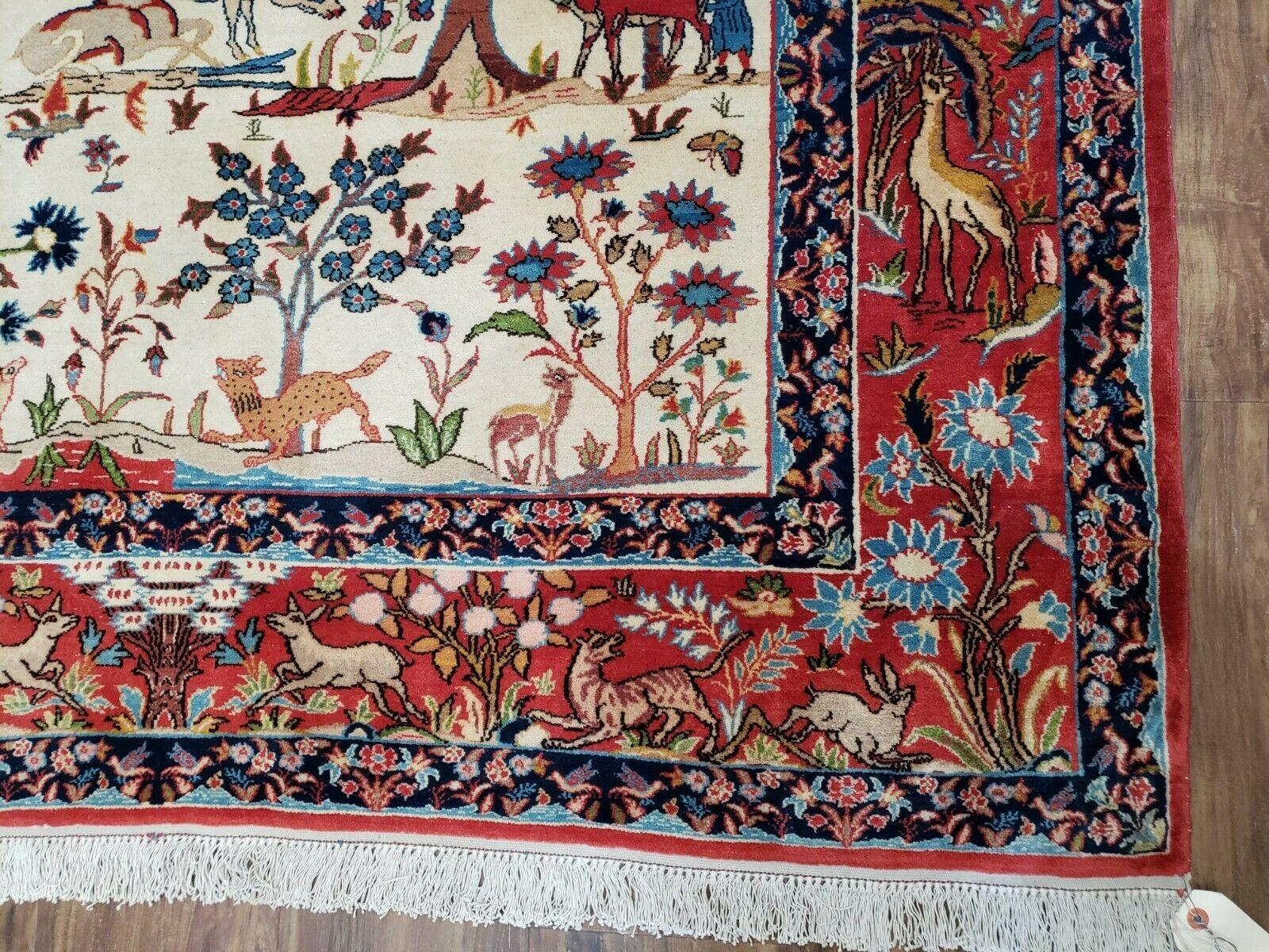 Antique Persian Isfahan Rug 5x7, Animal and Human Pictorials, Hand Knotted Fine Oriental Wool Carpet, Cream and Red, High KPSI, Vintage Rug 5 x 7 ft - Nuvé