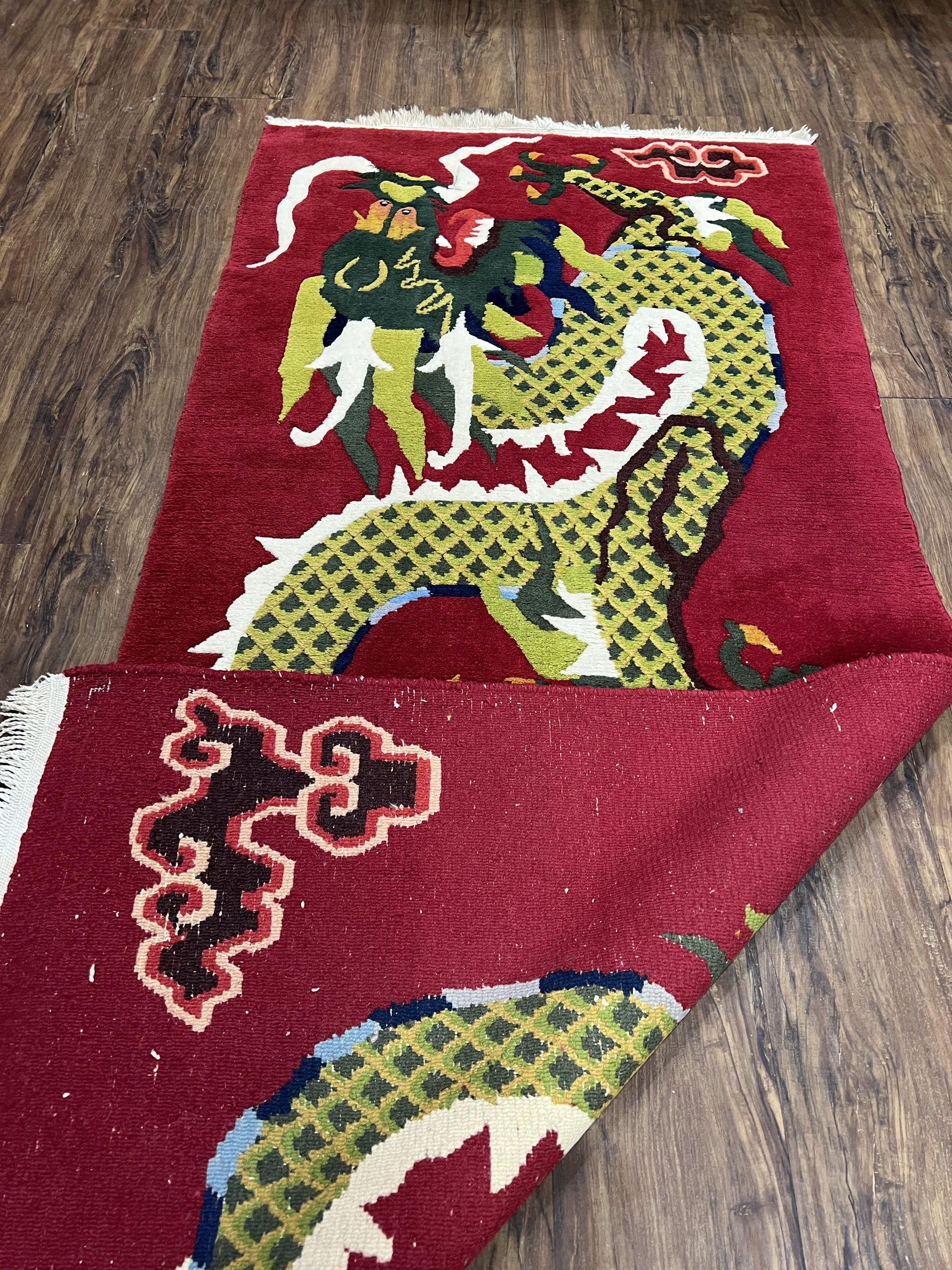 Vintage Chinese Dragon Rug 3 x 6.8, Handmade Hand Knotted Red Chinese Carpet with Gold Dragon, Art Deco Peking Soft Chinese Rug Runner - Nuvé