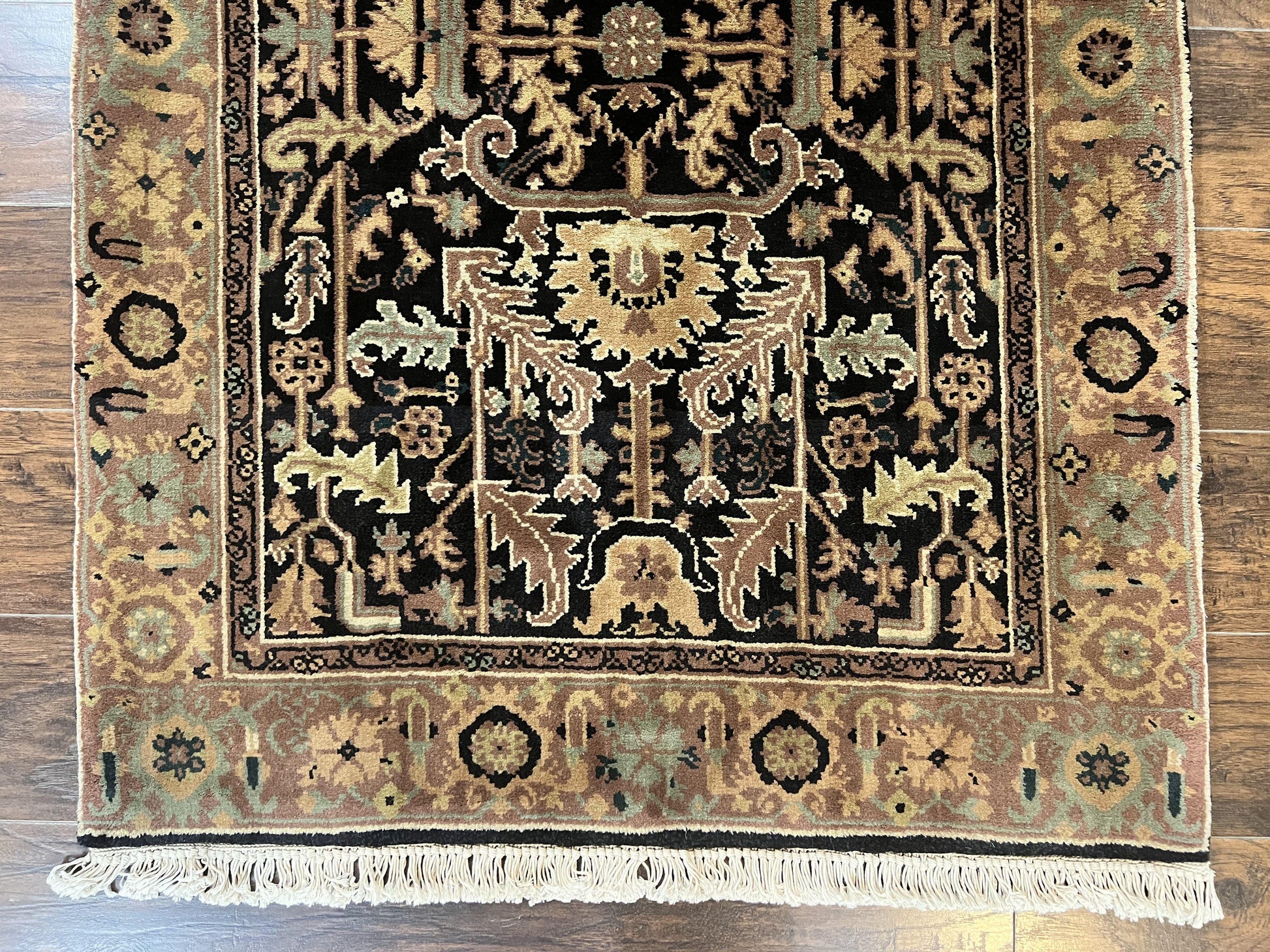Heriz Rug 3.6 x 5, Handmade Vintage Wool Carpet, Couristan Carpet, Persian Design, Black - Nuvé