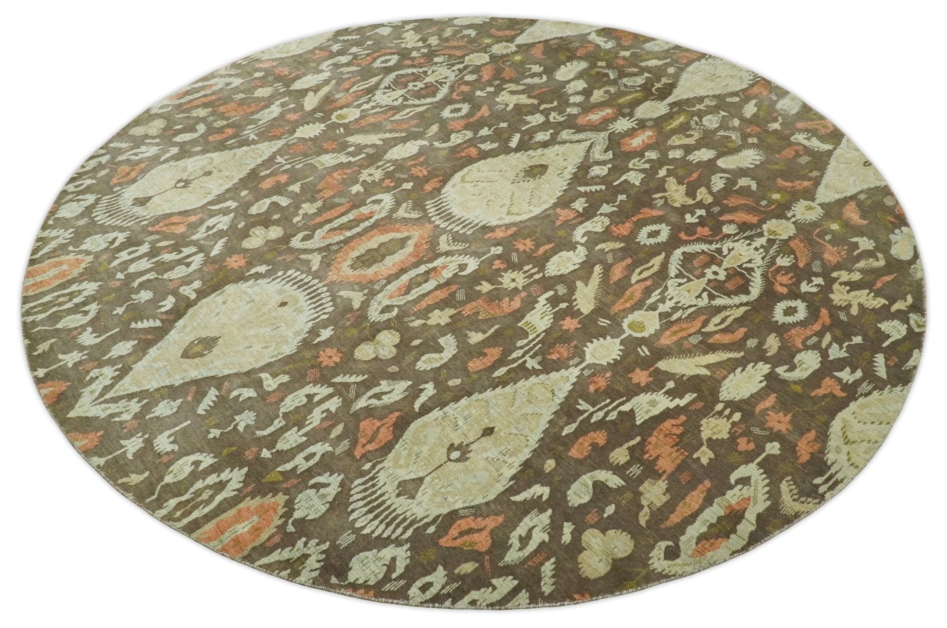 10x10 Round Fine Hand Knotted Green, Rust and Olive Traditional Vintage Persian Style Antique Wool Rug | AGR47 - Nuvé