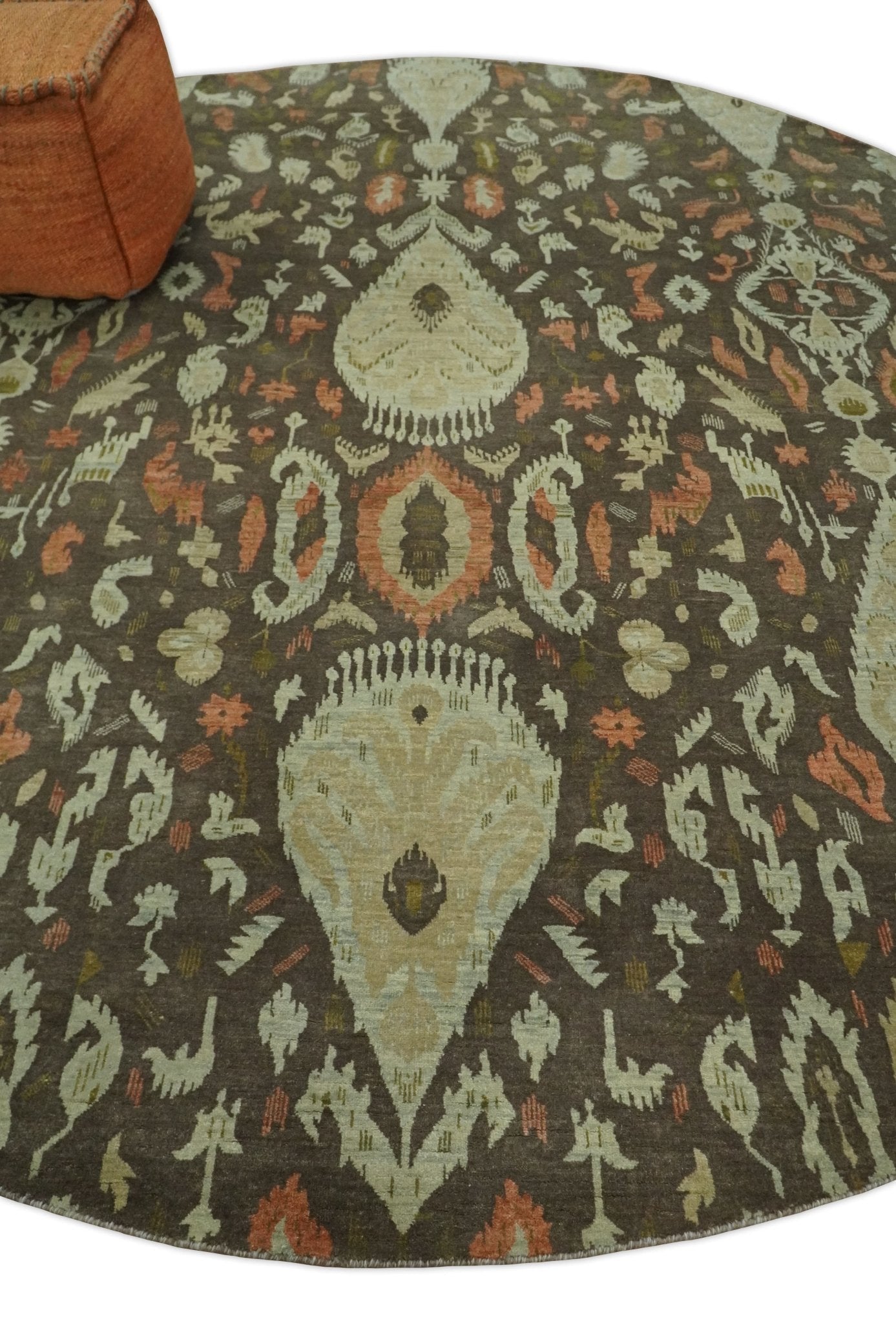 10x10 Round Fine Hand Knotted Green, Rust and Olive Traditional Vintage Persian Style Antique Wool Rug | AGR47 - Nuvé