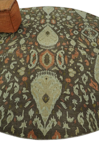 10x10 Round Fine Hand Knotted Green, Rust and Olive Traditional Vintage Persian Style Antique Wool Rug | AGR47 - Nuvé