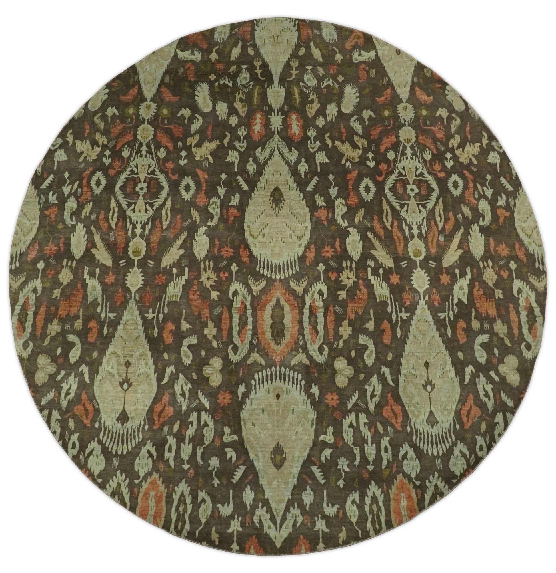10x10 Round Fine Hand Knotted Green, Rust and Olive Traditional Vintage Persian Style Antique Wool Rug | AGR47 - Nuvé