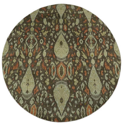 10x10 Round Fine Hand Knotted Green, Rust and Olive Traditional Vintage Persian Style Antique Wool Rug | AGR47 - Nuvé