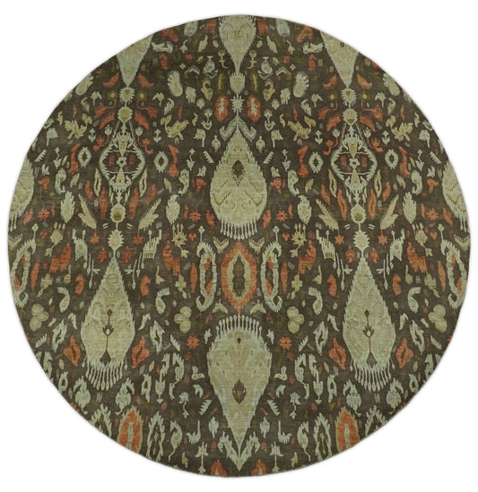 10x10 Round Fine Hand Knotted Green, Rust and Olive Traditional Vintage Persian Style Antique Wool Rug | AGR47 - Nuvé