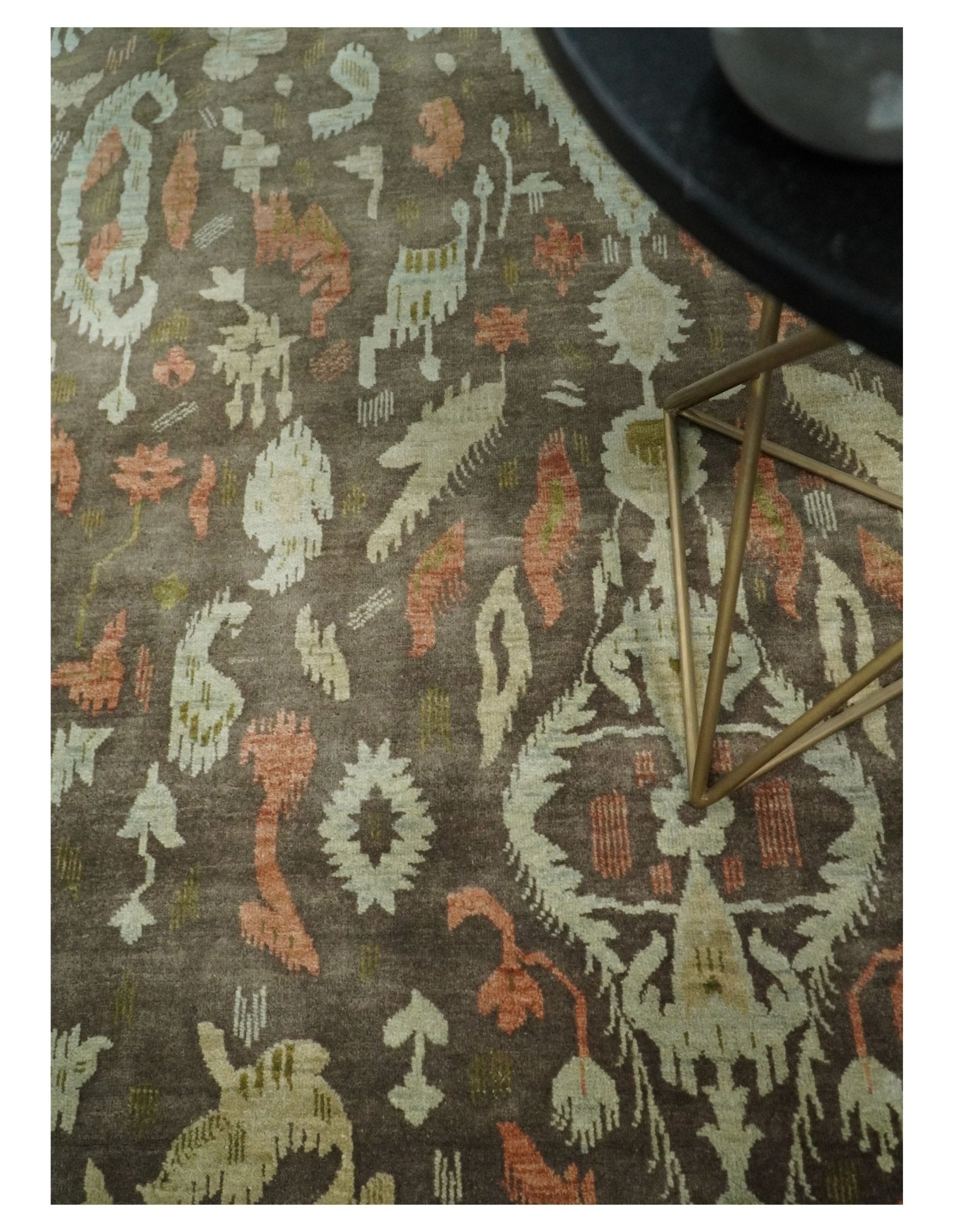 10x10 Round Fine Hand Knotted Green, Rust and Olive Traditional Vintage Persian Style Antique Wool Rug | AGR47 - Nuvé