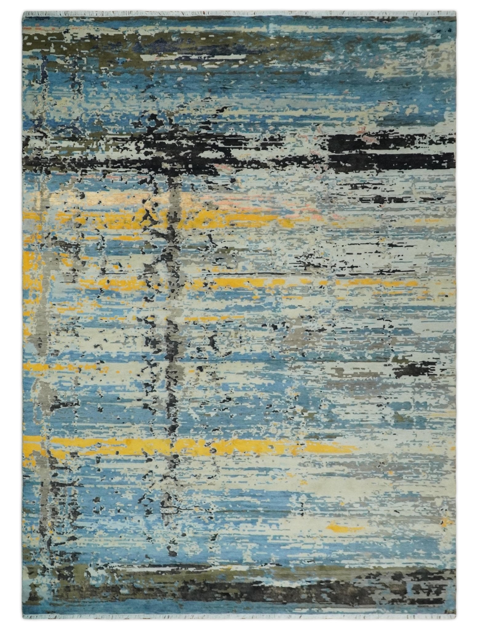 10x14 Fine Hand Knotted Blue and Black Modern Abstract Style Antique Wool and Silk Area Rug | AGR49 - Nuvé