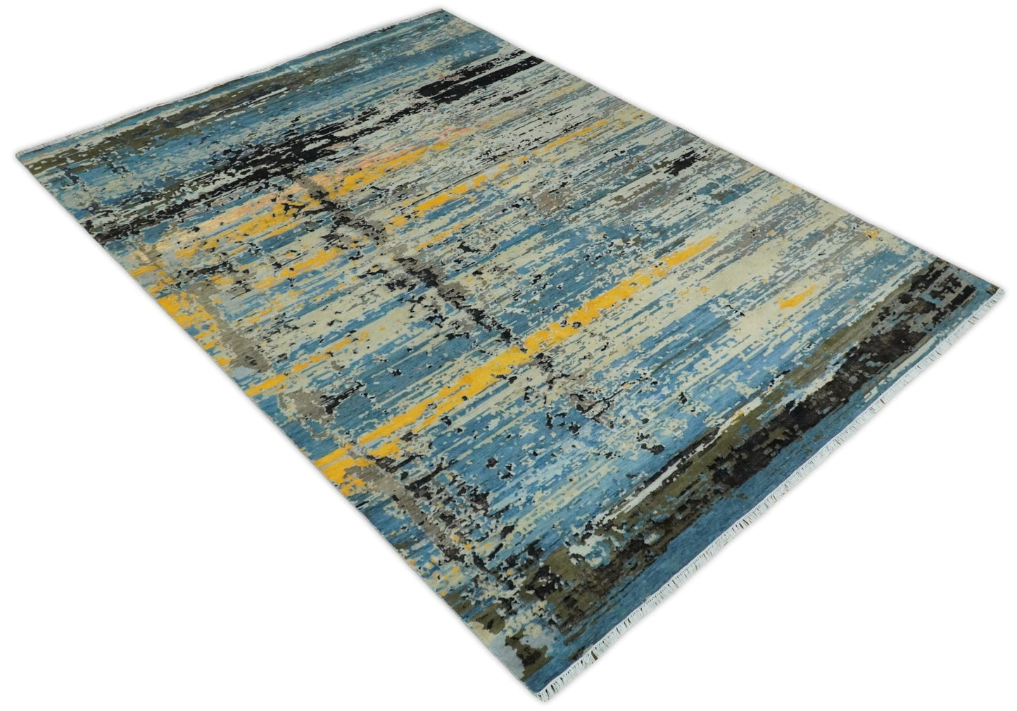 10x14 Fine Hand Knotted Blue and Black Modern Abstract Style Antique Wool and Silk Area Rug | AGR49 - Nuvé