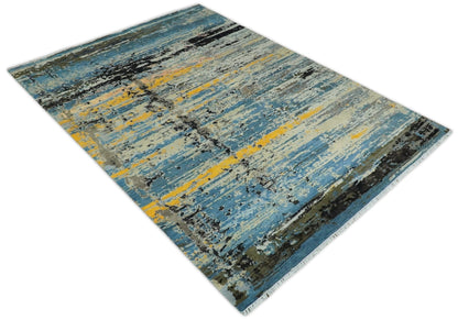 10x14 Fine Hand Knotted Blue and Black Modern Abstract Style Antique Wool and Silk Area Rug | AGR49 - Nuvé