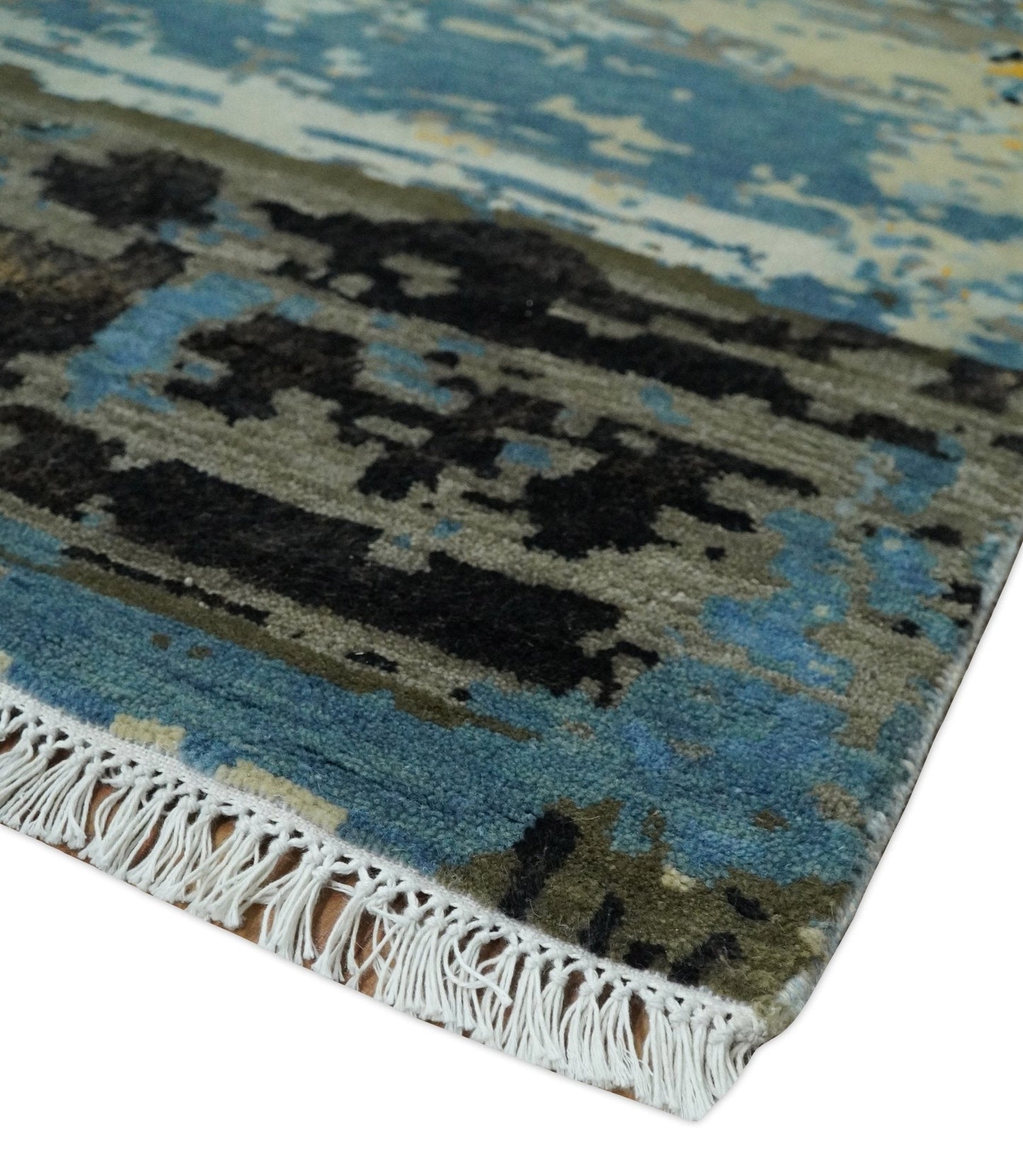 10x14 Fine Hand Knotted Blue and Black Modern Abstract Style Antique Wool and Silk Area Rug | AGR49 - Nuvé
