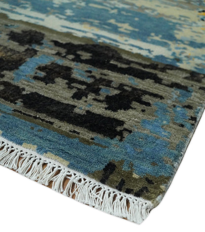 10x14 Fine Hand Knotted Blue and Black Modern Abstract Style Antique Wool and Silk Area Rug | AGR49 - Nuvé