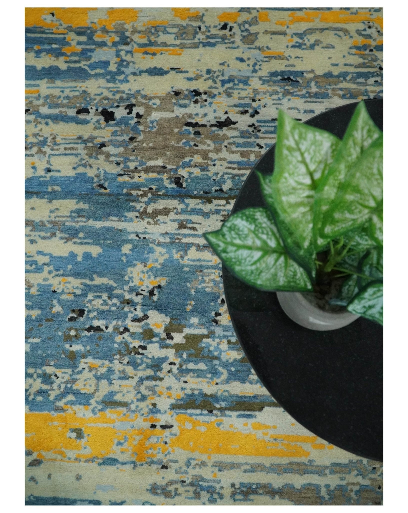 10x14 Fine Hand Knotted Blue and Black Modern Abstract Style Antique Wool and Silk Area Rug | AGR49 - Nuvé