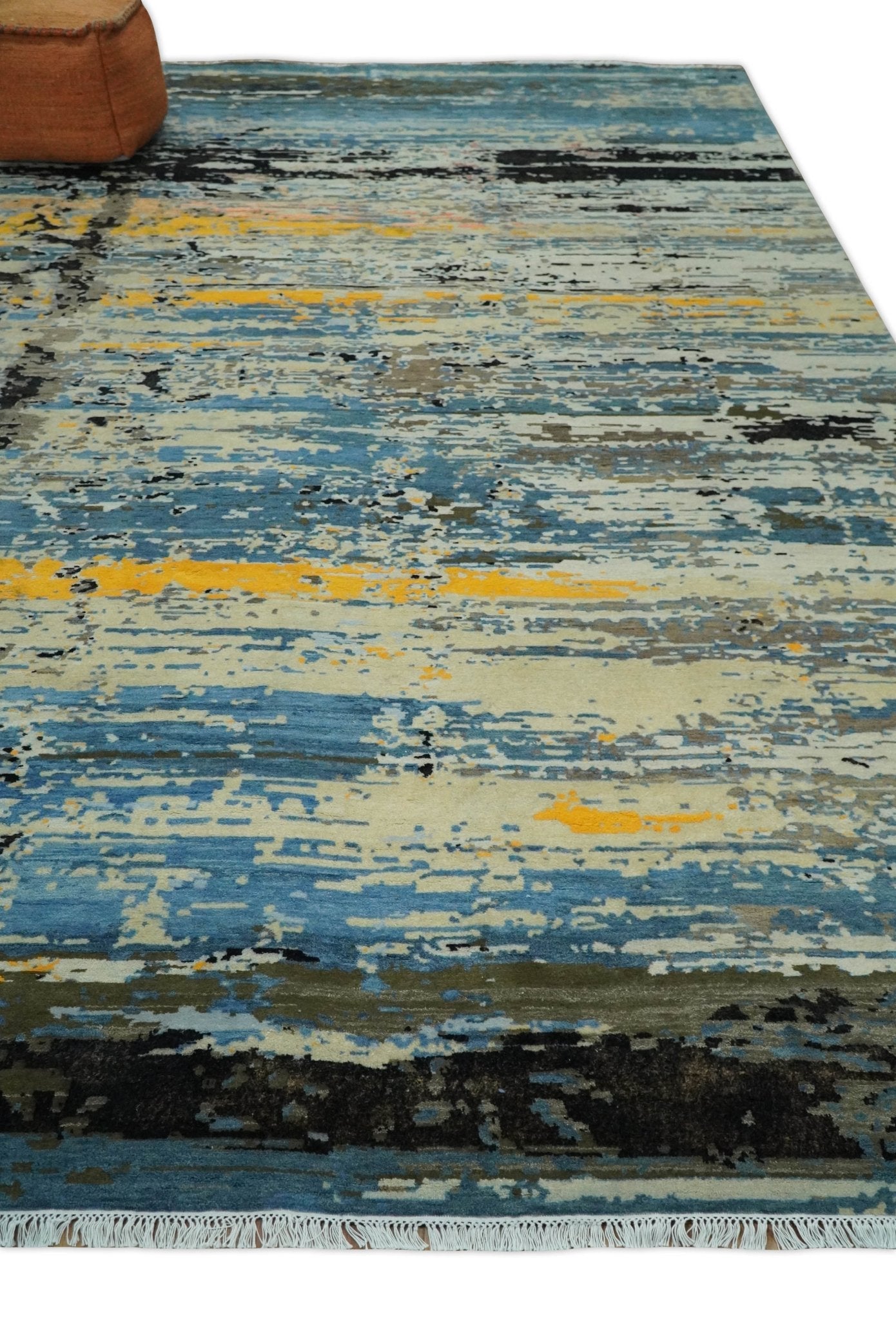 10x14 Fine Hand Knotted Blue and Black Modern Abstract Style Antique Wool and Silk Area Rug | AGR49 - Nuvé