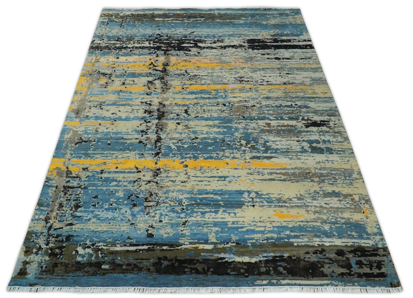 10x14 Fine Hand Knotted Blue and Black Modern Abstract Style Antique Wool and Silk Area Rug | AGR49 - Nuvé