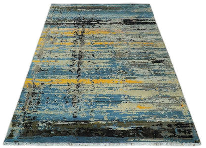 10x14 Fine Hand Knotted Blue and Black Modern Abstract Style Antique Wool and Silk Area Rug | AGR49 - Nuvé