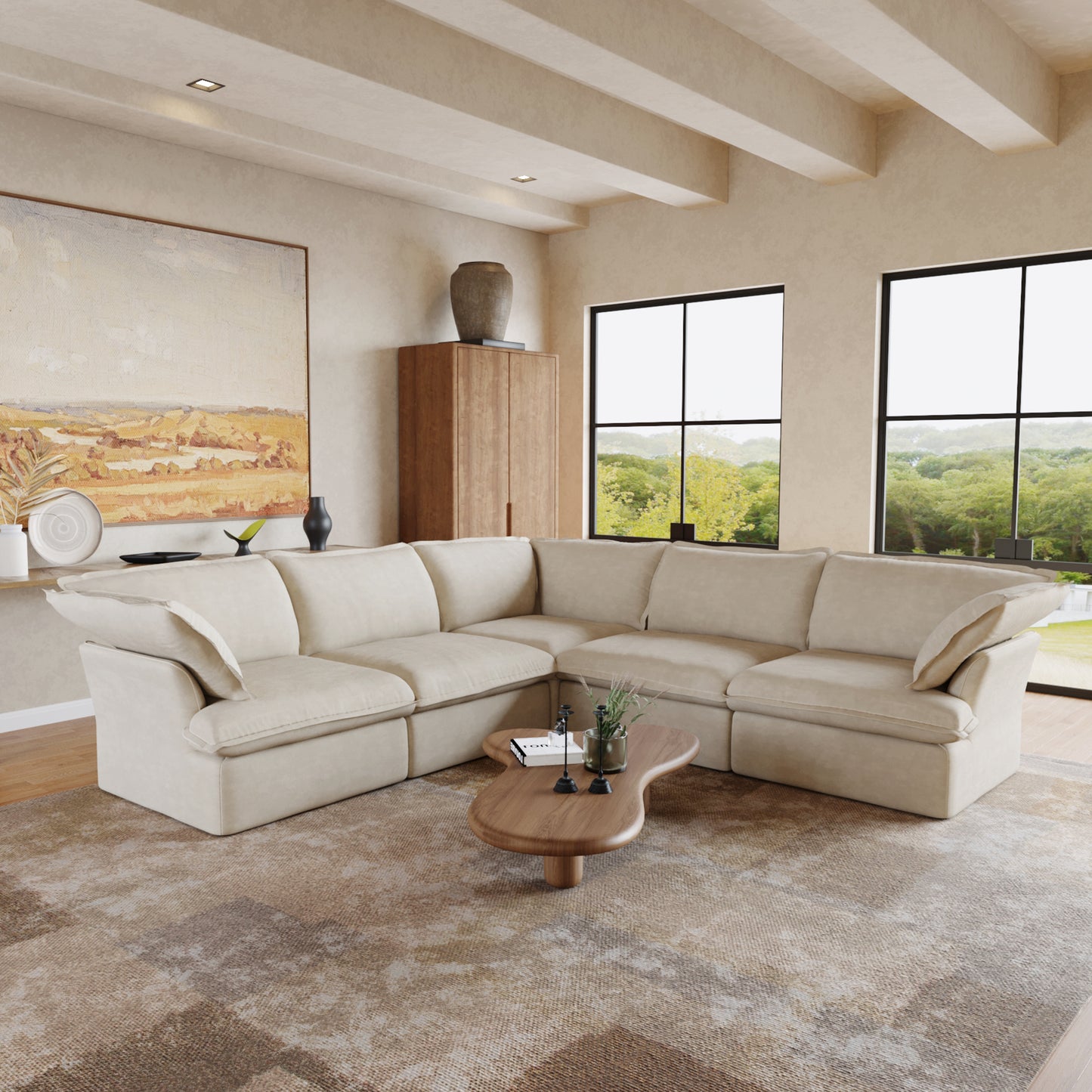 Sabi Modular Boucle Cloud Sofa - Beige - 5-Seater Corner Sectional (V-Shaped) - Nuvé
