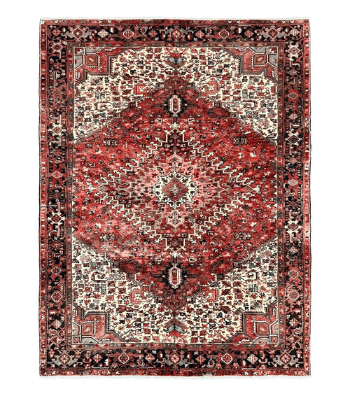 Large Persian Heriz Rug 10x13, Red and Cream Geometric Tribal Room Sized Handmade Wool Hand Knotted Semi Antique Decorative Oriental Carpet