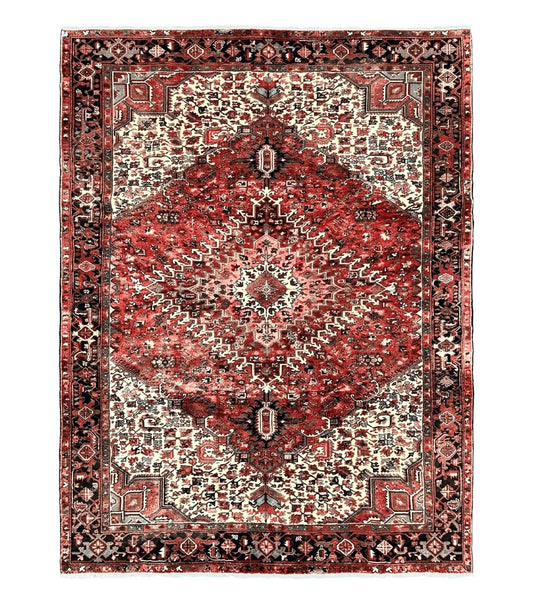 Large Persian Heriz Rug 10x13, Red and Cream Geometric Tribal Room Sized Handmade Wool Hand Knotted Semi Antique Decorative Oriental Carpet