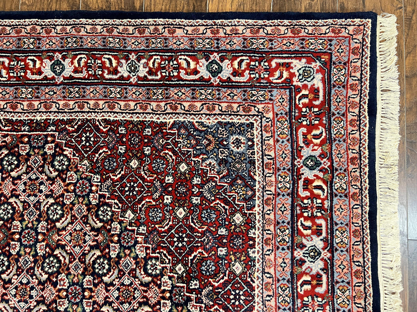 Indo Persian Rug 7x10, Dark Blue and Red Hand Knotted Wool Vintage Oriental Carpet 7 x 10 ft, Handmade Bidjar Rug, Herati Pattern Indian Rug - Nuvé
