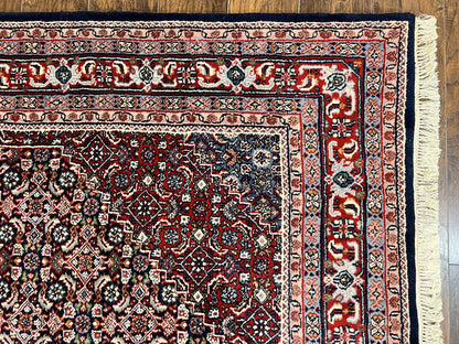 Indo Persian Rug 7x10, Dark Blue and Red Hand Knotted Wool Vintage Oriental Carpet 7 x 10 ft, Handmade Bidjar Rug, Herati Pattern Indian Rug - Nuvé
