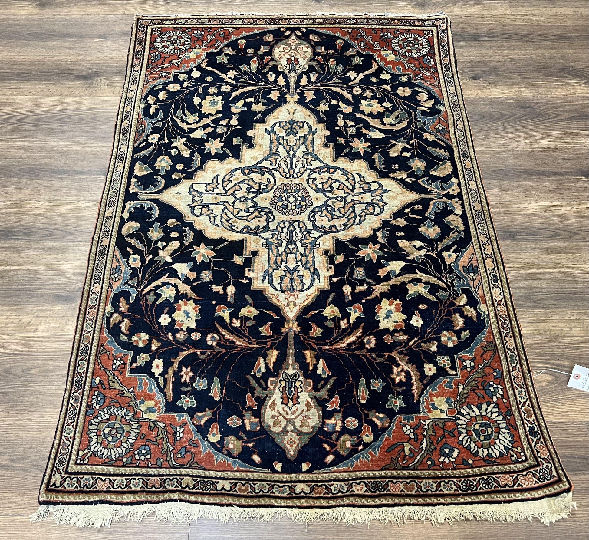 Antique Persian Rug 3.5 x 5, Sarouk Farahan Rug, High Quality 1920s Fine Oriental Carpet 3 x 5 ft, Large Medallion, Floral, Navy Blue Red, Hand Knotted Wool Rug - Nuvé