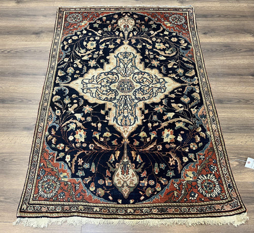 Antique Persian Rug 3.5 x 5, Sarouk Farahan Rug, High Quality 1920s Fine Oriental Carpet 3 x 5 ft, Large Medallion, Floral, Navy Blue Red, Hand Knotted Wool Rug - Nuvé