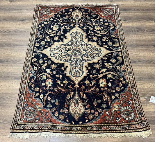 Antique Persian Rug 3.5 x 5, Sarouk Farahan Rug, High Quality 1920s Fine Oriental Carpet 3 x 5 ft, Large Medallion, Floral, Navy Blue Red, Hand Knotted Wool Rug - Nuvé