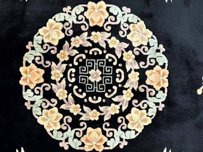 Chinese Wool Rug 9x12, Chinese Carving Carpet, Floral Medallion, Black and Beige, Butterflies, Vintage Asian Oriental Rug, 90 Line Rug - Nuvé
