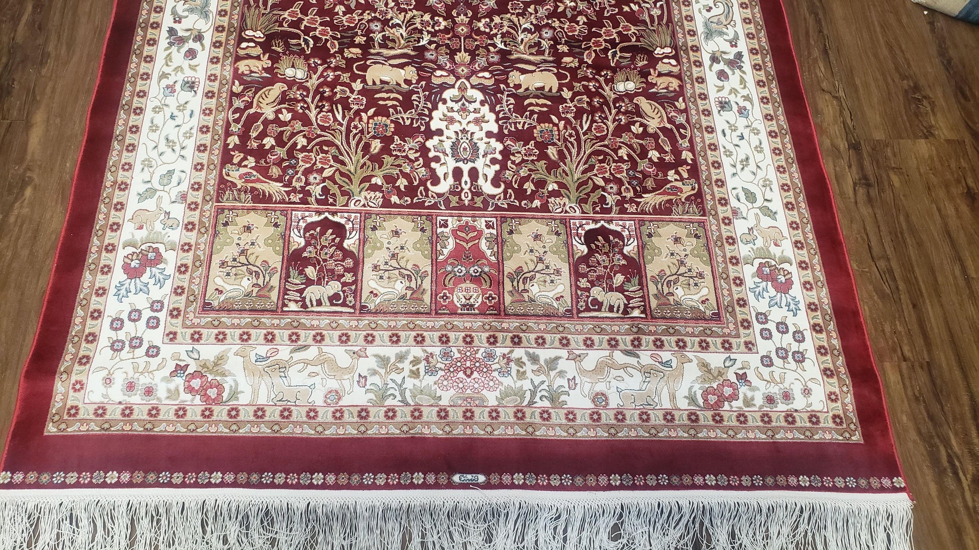 Silk Carpet 4x6 Dark Red & Cream, Tree of Life Rug, Animal Motifs, Birds Deer Rabbits, All Bamboo Silk, 4 x 6 Silk Area Rug - Nuvé