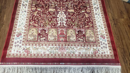 Silk Carpet 4x6 Dark Red & Cream, Tree of Life Rug, Animal Motifs, Birds Deer Rabbits, All Bamboo Silk, 4 x 6 Silk Area Rug - Nuvé