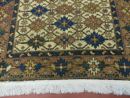 4' X 5' Antique Handmade Caucasian Kazak Shirvan Wool Rug Snow Flakes - Nuvé