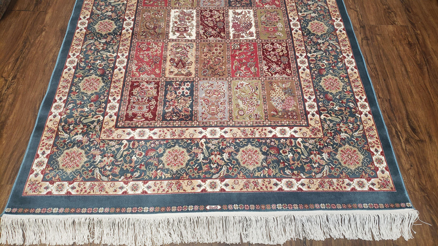 Silk Carpet 4x6 Blue, Panel Design, Four Seasons Pattern, Super Fine & Soft, Bamboo Silk, 4 x 6 Oriental Area Rug, High Quality, New Rug - Nuvé