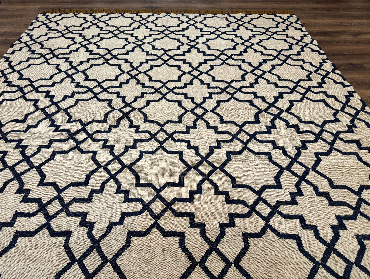 Indian Kilim Rug 8x10, Oat and Navy Blue, Dhurrie Carpet, Handmade, Wool