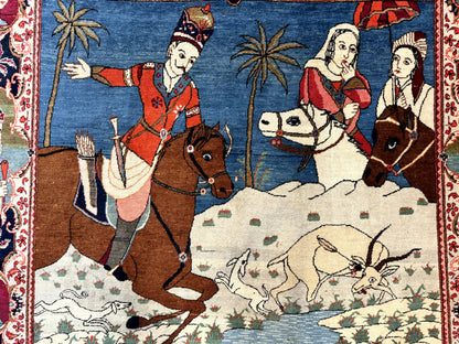 Rare Persian Kashan Pictorial Rug 6x9, King Bahram Hunting Scene, Persian Kings, Hand Knotted Persian Rug for Wall Hanging, Antique, Wool